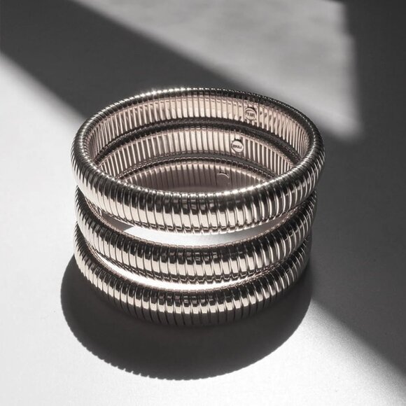 Silver Bangle Set 3 Chunky Stretch 24K 11mm Plated Stainless Steel Wide Stack - Picture 7 of 8